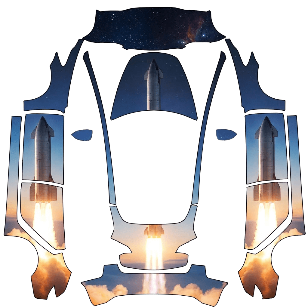 Starship on sides plus starship and superheavy stack down the center