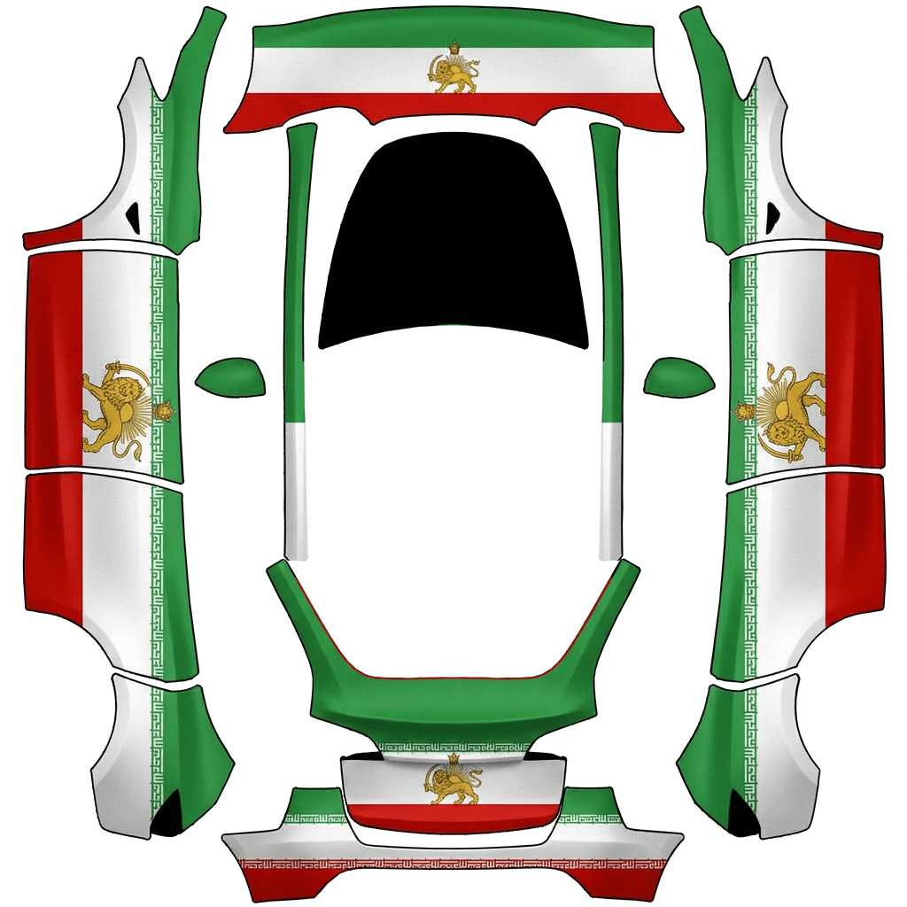 Tesla Model Y custom wrap featuring the Pahlavi-era Lion and Sun flag (Shir-o-Khorshid), classic Per